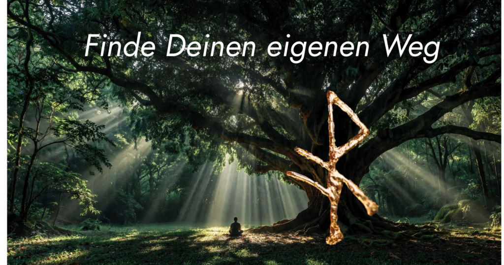 Finde deinen eigenen Weg – Lichtstrahlen im Wald mit Rune, Symbol für spirituelle Wegfindung ohne Richtig oder Falsch